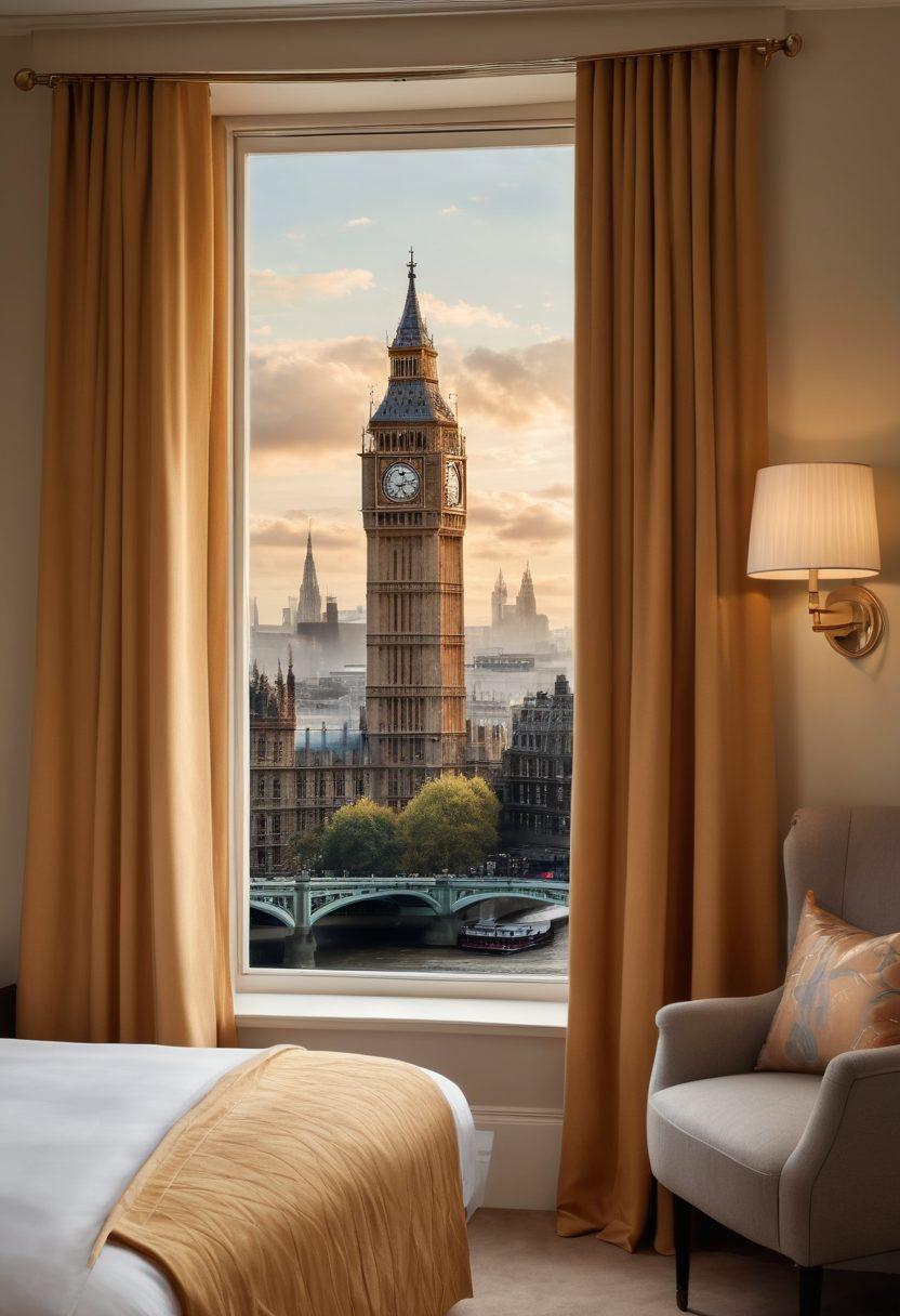 A cozy, stylish hotel room window with a view of iconic London landmarks like Big Ben and the London Eye. The room features elegant furnishings, a plush bed, and warm lighting, creating an inviting atmosphere. Add subtle details like a steaming cup of coffee on a bedside table and soft curtains blowing gently in the breeze. Capture a sense of serenity and adventure in the heart of the city. super-realistic. warm colors. 3D.