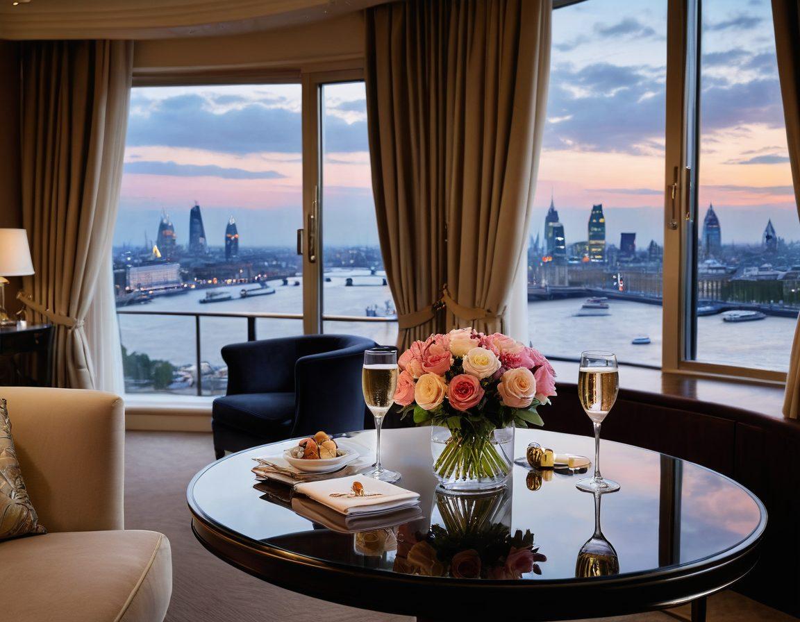 A luxurious hotel suite in London, featuring elegant decor with plush furnishings, a stunning view of the London skyline and the River Thames. Include soft ambient lighting and a cozy atmosphere, showcasing a glass of champagne on a table and a beautifully arranged bouquet of flowers. Incorporate elements of modern sophistication mixed with classic British charm. super-realistic. vibrant colors. 3D.