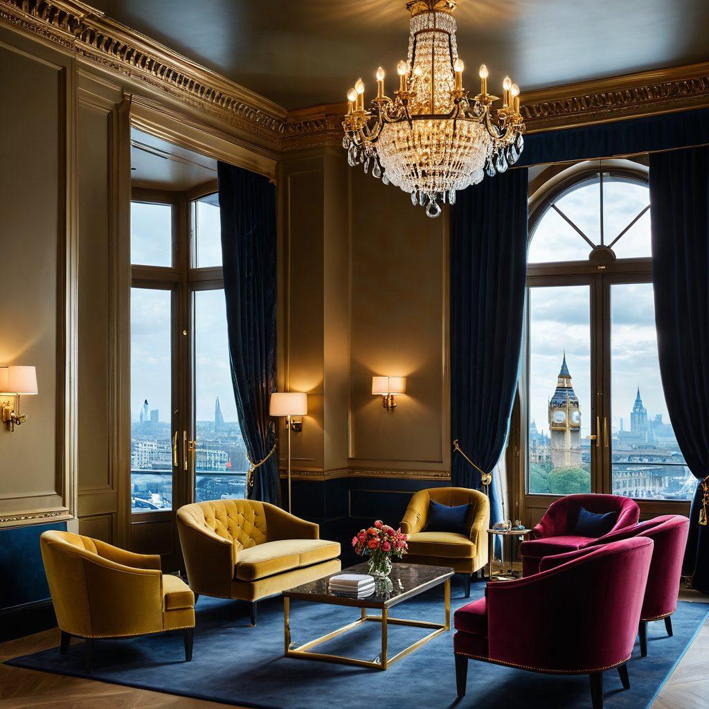 An elegant hotel lobby in Central London, featuring plush velvet chairs, gold accents, and a stunning chandelier. Large windows open to a view of iconic London landmarks, like Big Ben and the Thames River, bathed in warm sunlight. A welcoming concierge is ready to assist guests, creating an inviting atmosphere full of joy and luxury. The scene conveys comfort, sophistication, and the vibrant essence of London. super-realistic. vibrant colors.